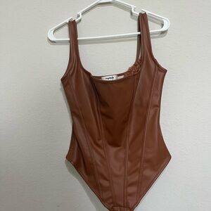 Popilush Brown One Piece Faux Leather Bodysuit